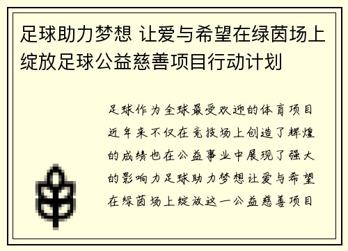 足球助力梦想 让爱与希望在绿茵场上绽放足球公益慈善项目行动计划