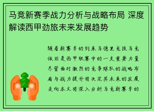 马竞新赛季战力分析与战略布局 深度解读西甲劲旅未来发展趋势