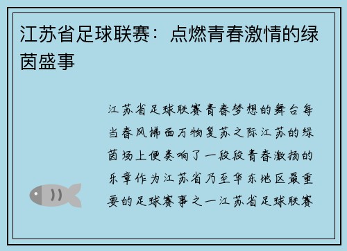 江苏省足球联赛：点燃青春激情的绿茵盛事